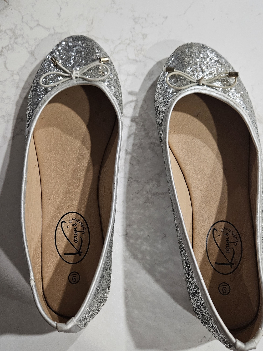 Silver Glitter Bow Ballet Flats - Women